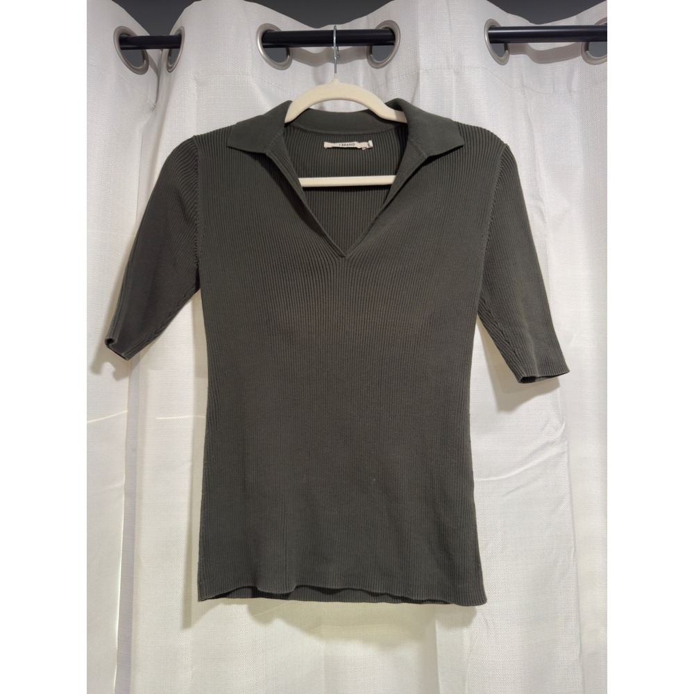 J Brand Womens Olive Green Ribbed Knit V-Neck Polo Top Cotton Sweater 8945SW94 S